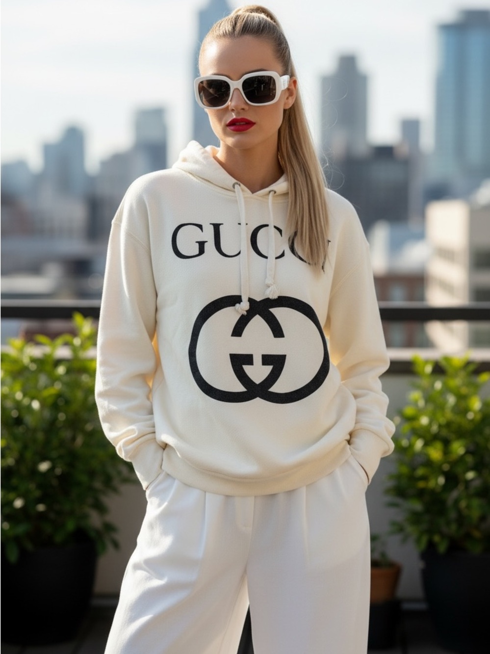 Gucci Cream Hoodie with Black Logo - Picture 1 of 9